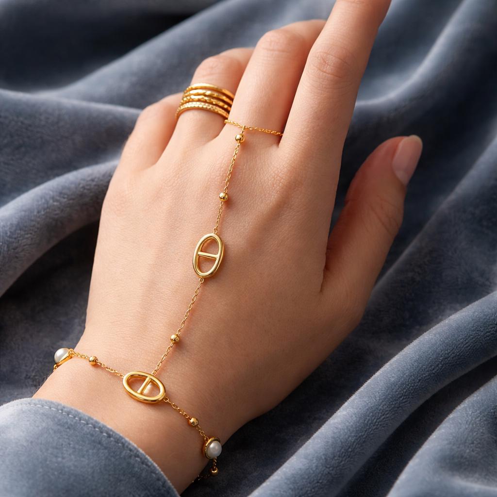 Gold Chain Bracelet, Minimalist Finger Bracelet with Pearl Accents, Layered Hand Harness