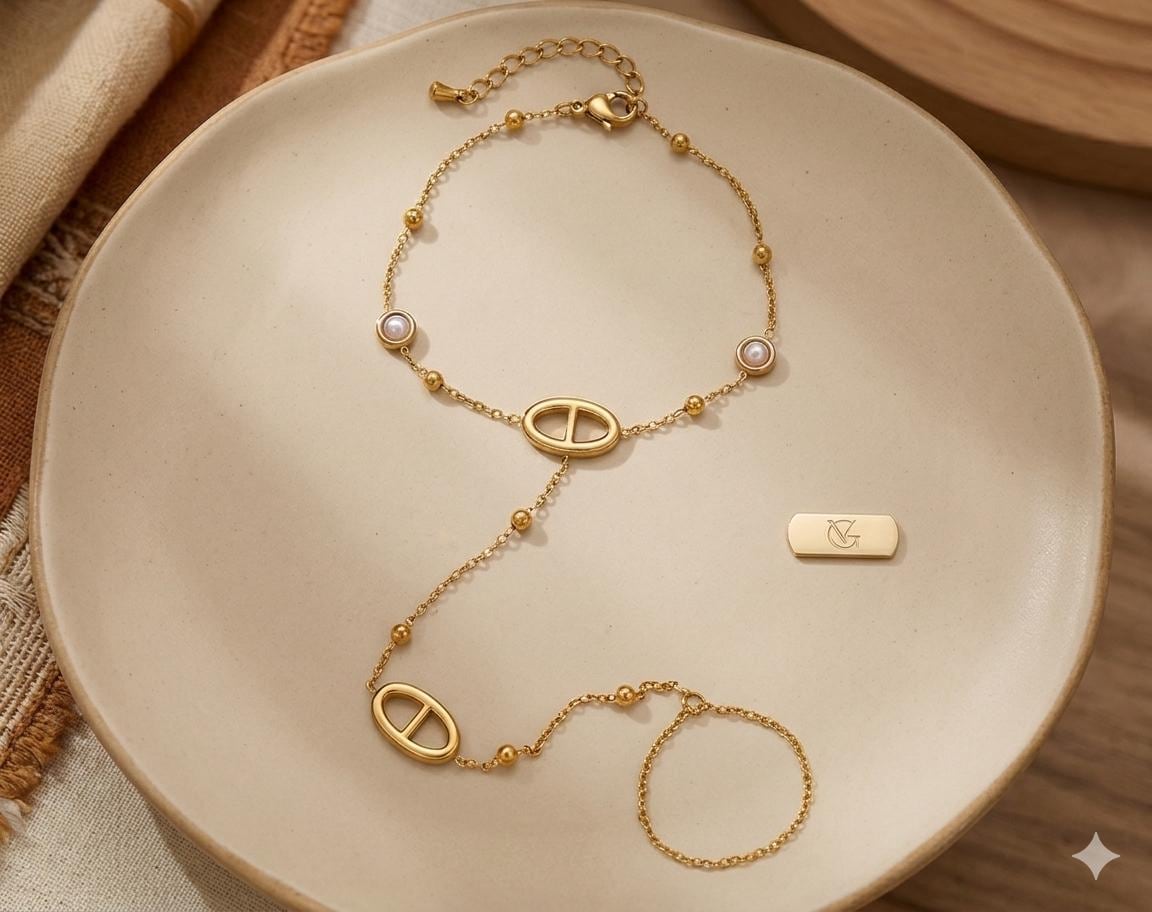 Gold Chain Bracelet, Minimalist Finger Bracelet with Pearl Accents, Layered Hand Harness