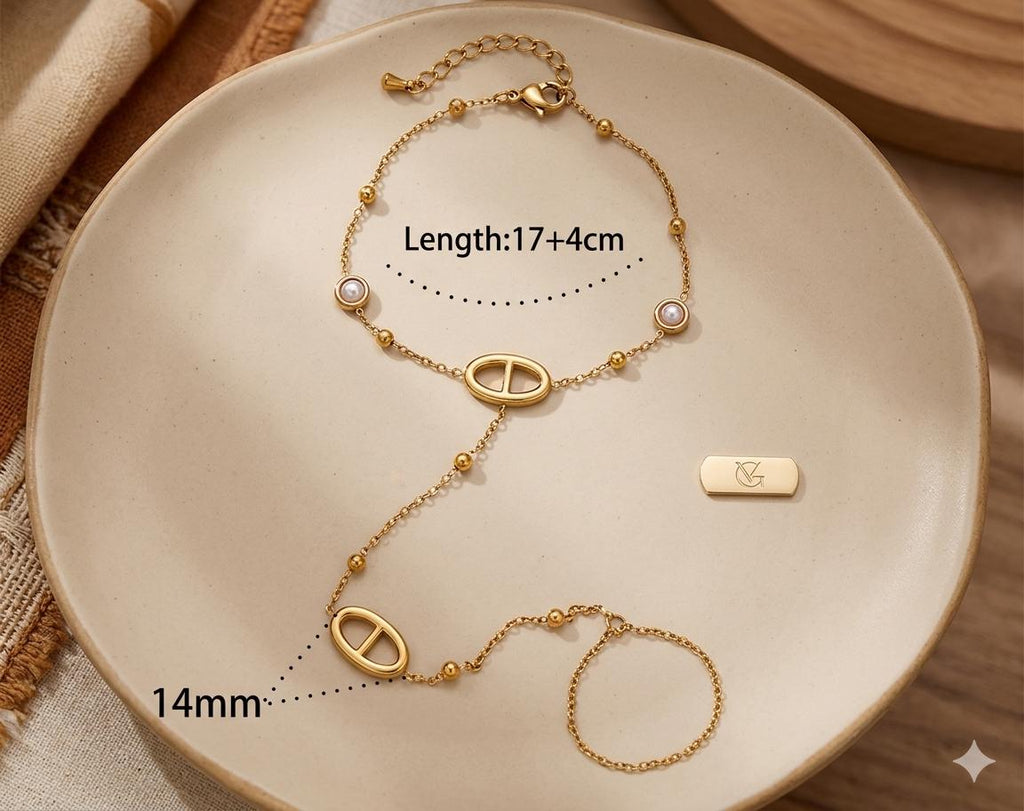 Gold Chain Bracelet, Minimalist Finger Bracelet with Pearl Accents, Layered Hand Harness