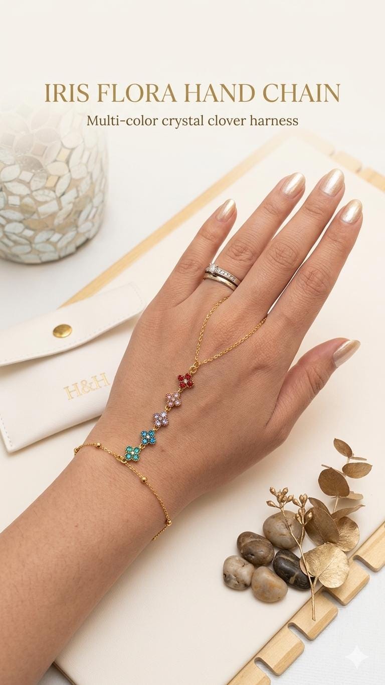 Clover Gold Rainbow Flower Hand Chain Bracelet | Multicolor Floral Slave Bracelet