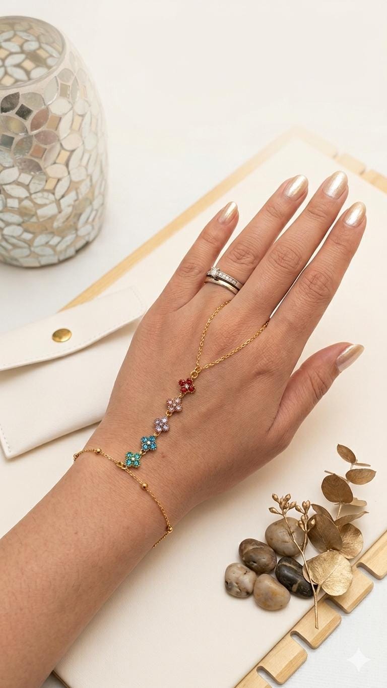 Clover Gold Rainbow Flower Hand Chain Bracelet | Multicolor Floral Slave Bracelet