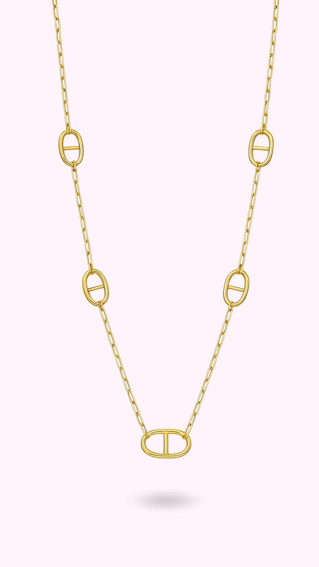 Elegant real 18k Gold plated oval motifs Vermeil Long Link Necklace