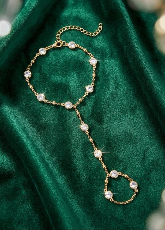 Elegant Gold Crystal Slaved Hand Chain Bracelet statement piece