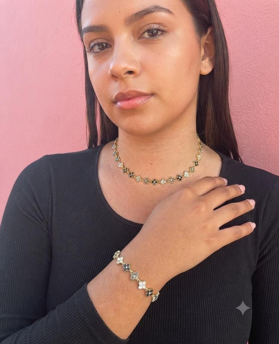 Gold Clover Necklace Bracelet Set: Black, White, Grey Crystals (Set)