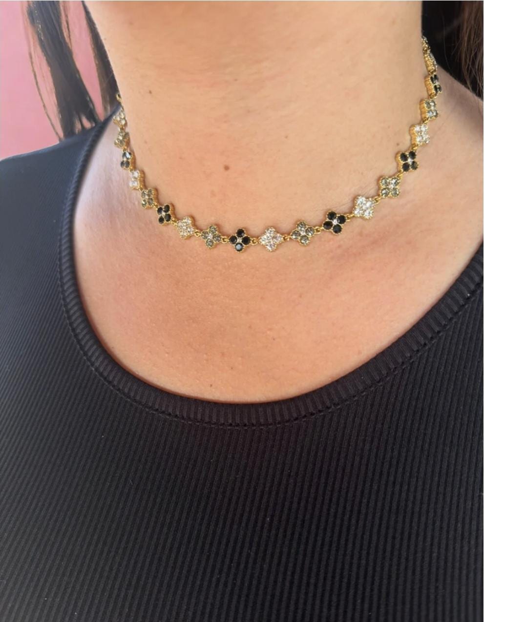 Gold Clover Necklace Bracelet Set: Black, White, Grey Crystals (Set)