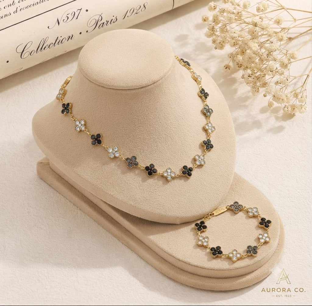 Gold Clover Necklace Bracelet Set: Black, White, Grey Crystals (Set)