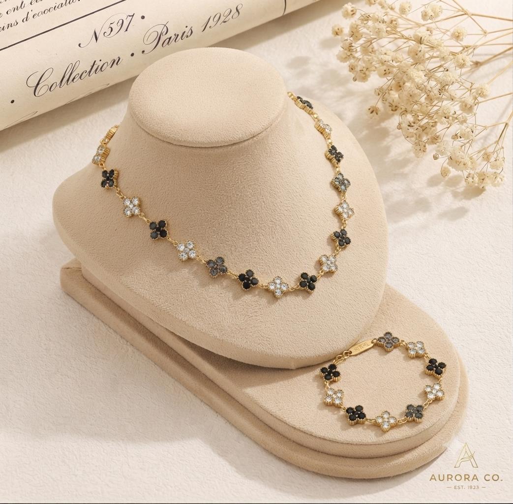 Gold Clover Necklace Bracelet Set: Black, White, Grey Crystals (Set)
