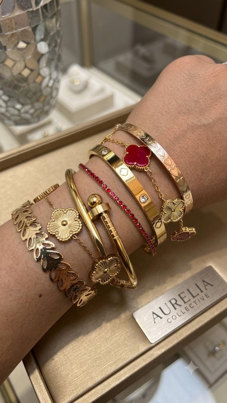 7 bracelets red and gold colour clover love tennis bangles combo set