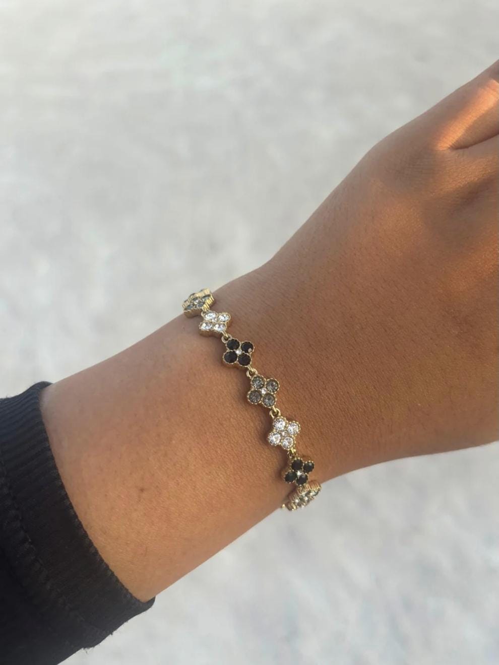 Gold Clover Necklace Bracelet Set: Black, White, Grey Crystals (Set)