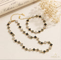 Gold Clover Necklace Bracelet Set: Black, White, Grey Crystals (Set)
