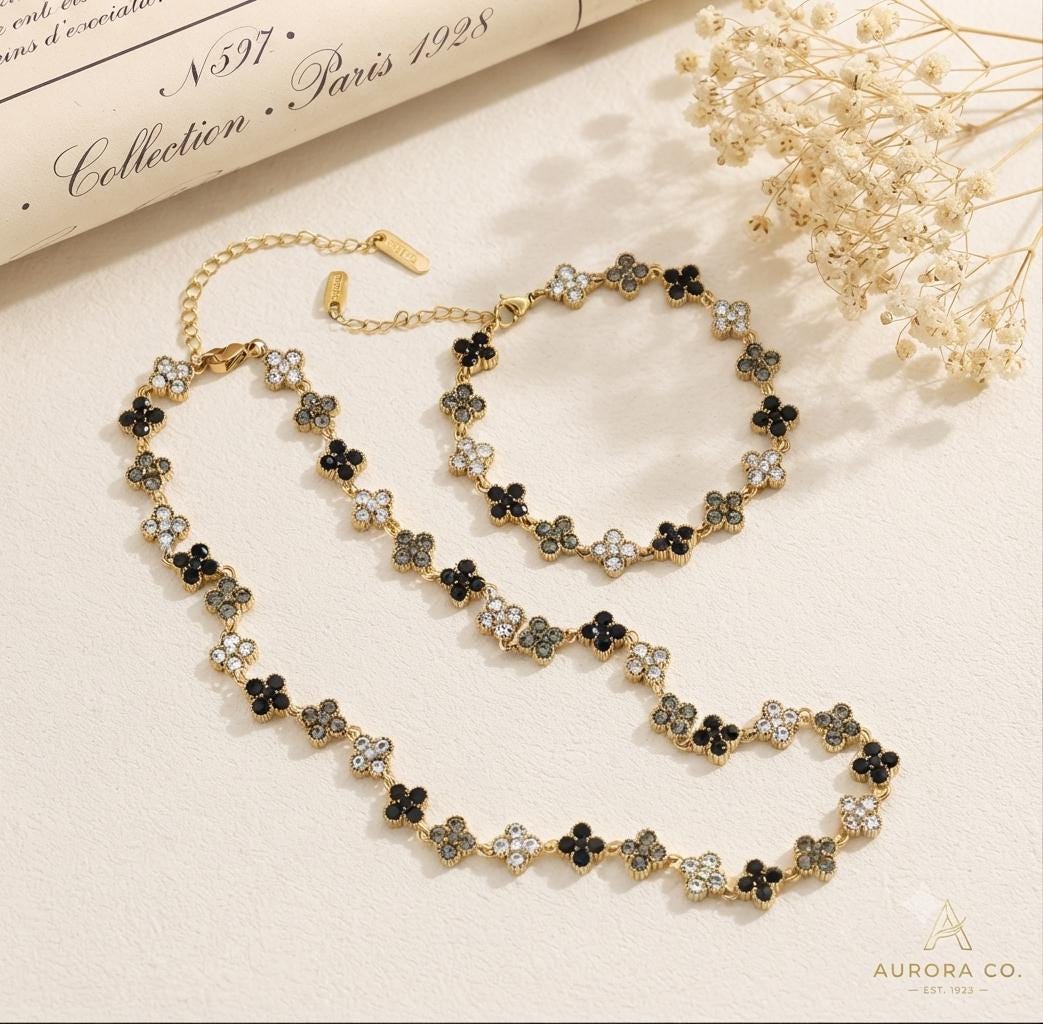 Gold Clover Necklace Bracelet Set: Black, White, Grey Crystals (Set)