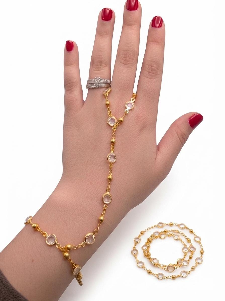 Elegant Gold Crystal Slaved Hand Chain Bracelet statement piece