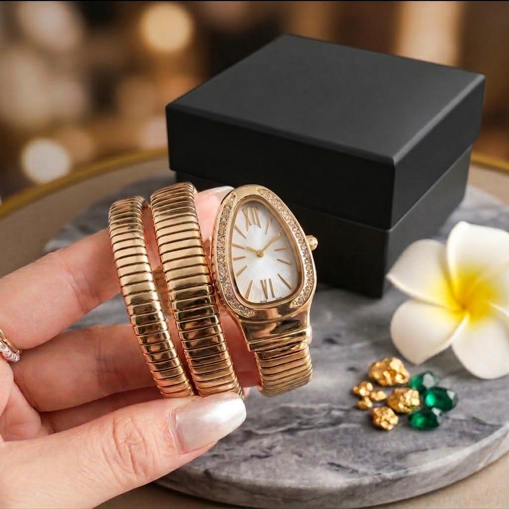 Gold Snake white dial Wrap Watch Bracelet for Women | Double Coiled Serpent Wrist Watch