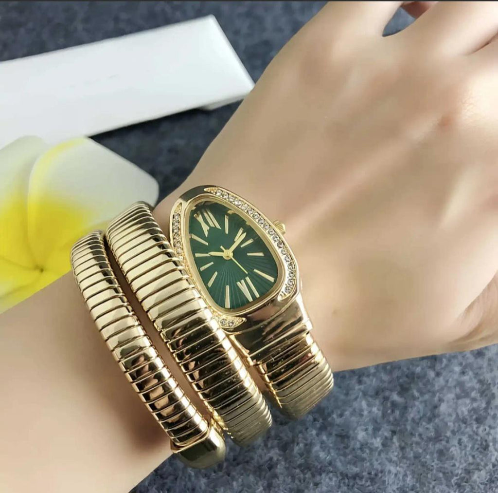 Gold Snake green dial Wrap Watch Bracelet for Women | Double Coiled Serpent Wrist Watch