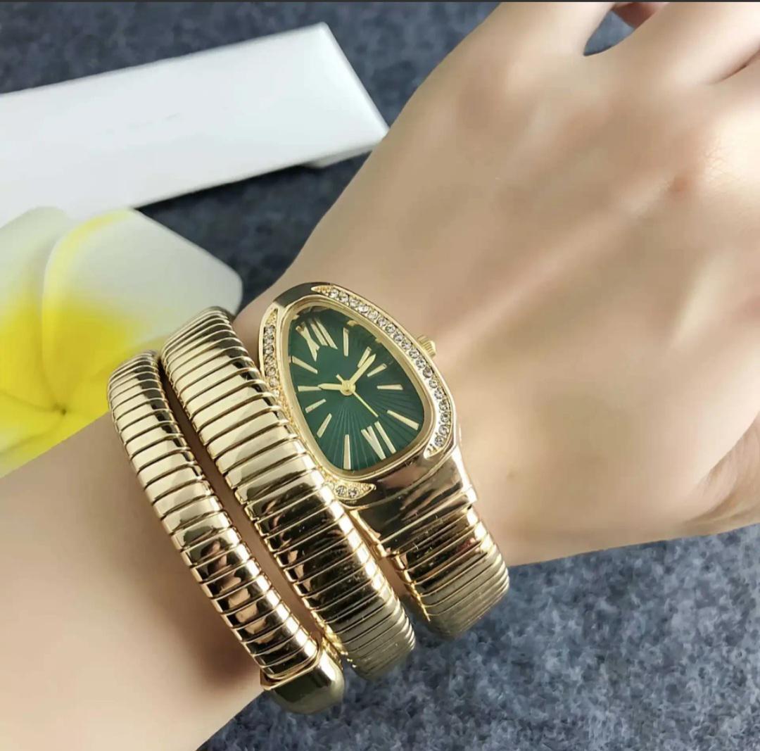 Gold Snake green dial Wrap Watch Bracelet for Women | Double Coiled Serpent Wrist Watch