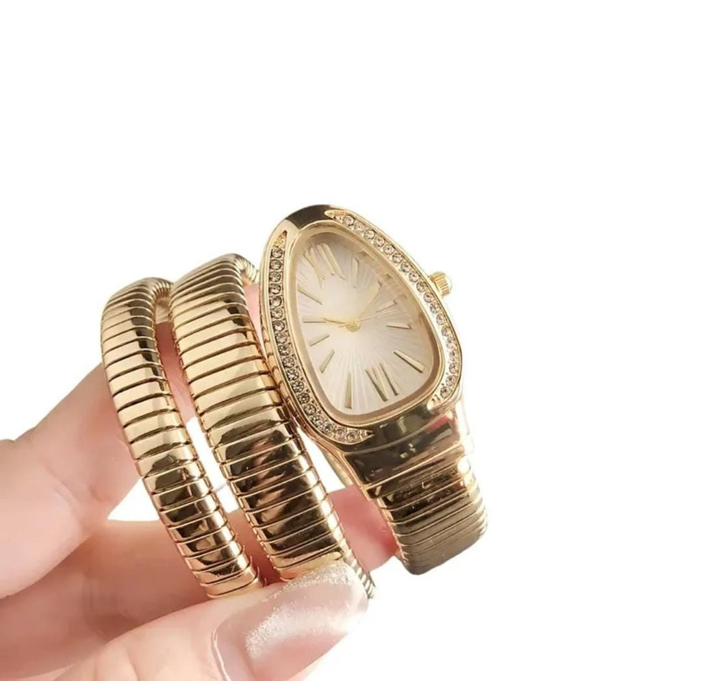 Gold Snake white dial Wrap Watch Bracelet for Women | Double Coiled Serpent Wrist Watch