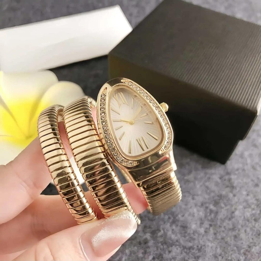 Gold Snake white dial Wrap Watch Bracelet for Women | Double Coiled Serpent Wrist Watch
