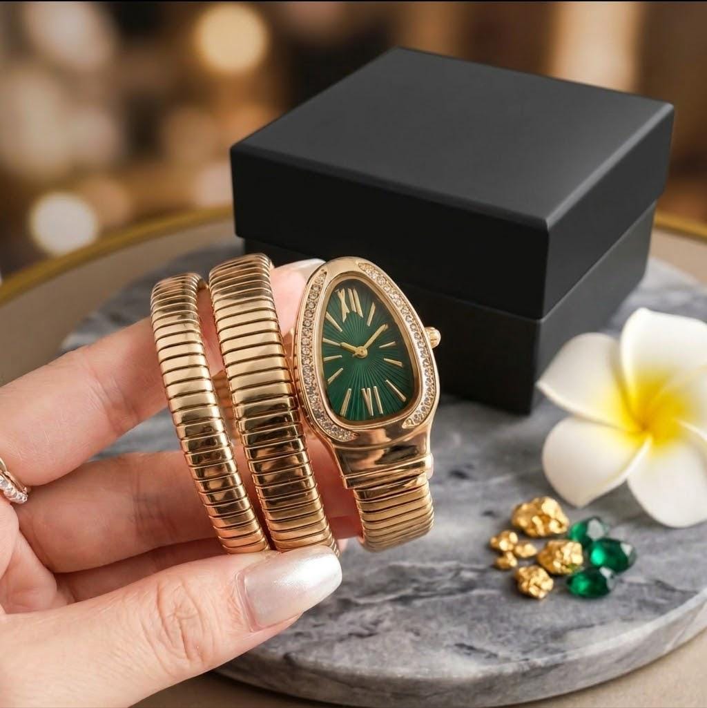 Gold Snake green dial Wrap Watch Bracelet for Women | Double Coiled Serpent Wrist Watch