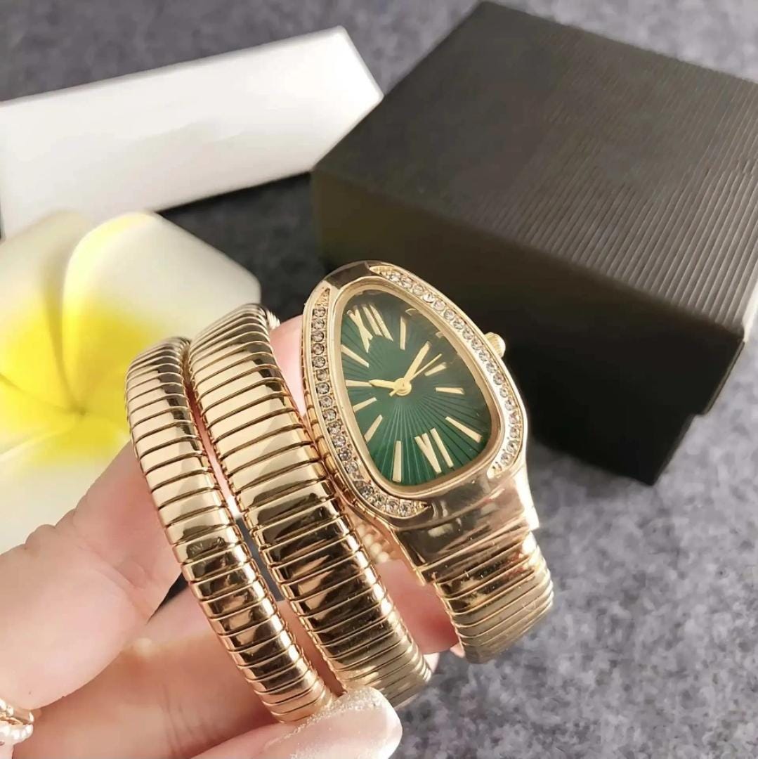 Gold Snake green dial Wrap Watch Bracelet for Women | Double Coiled Serpent Wrist Watch