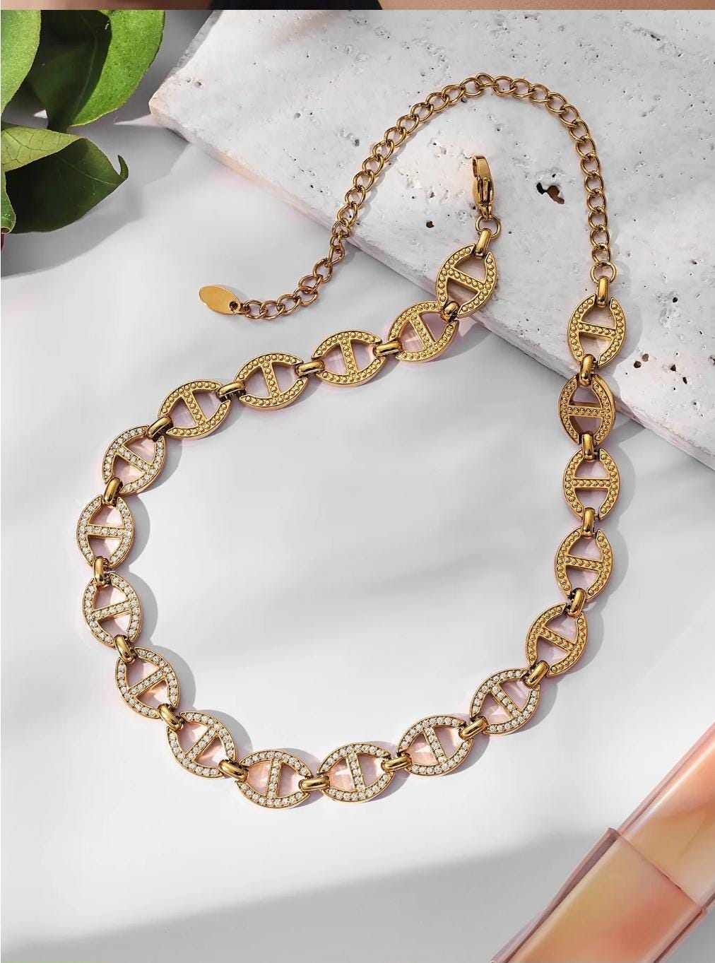 Gold Pavé Mariner Link Choker Necklace, 18k Gold Plated Brass, Adjustable Length