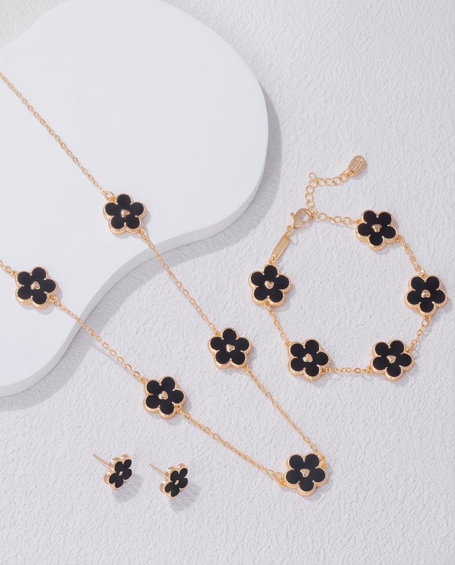 5-Motif Black Clover Jewelry Set | 18K Gold Plated, Minimalist Flower Choker, Bracelet, Ring, Earrings