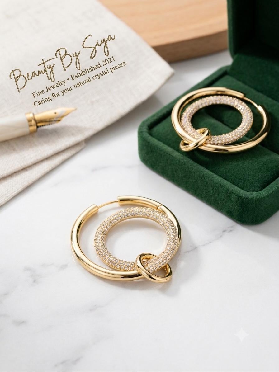 18K Gold Pavé Double Circle Hoop Earrings | Interlocking Geometric Huggies