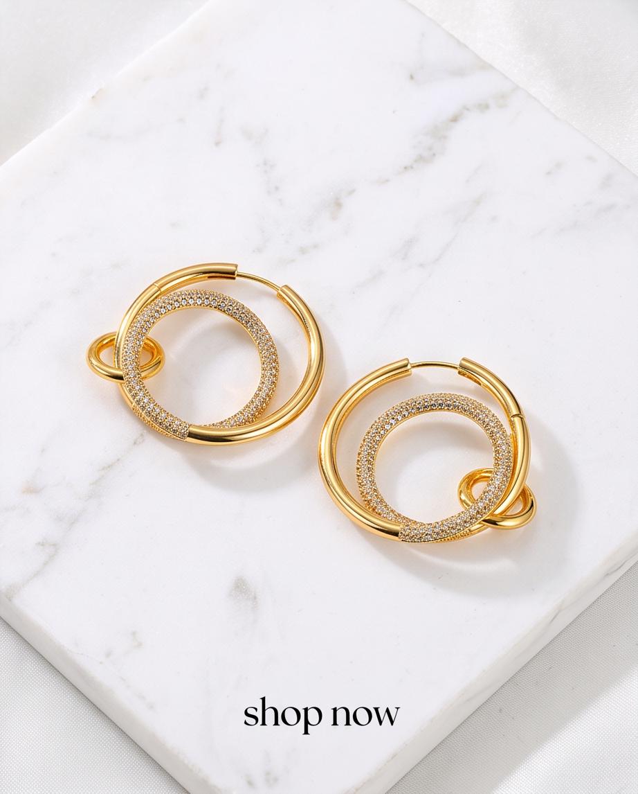 18K Gold Pavé Double Circle Hoop Earrings | Interlocking Geometric Huggies