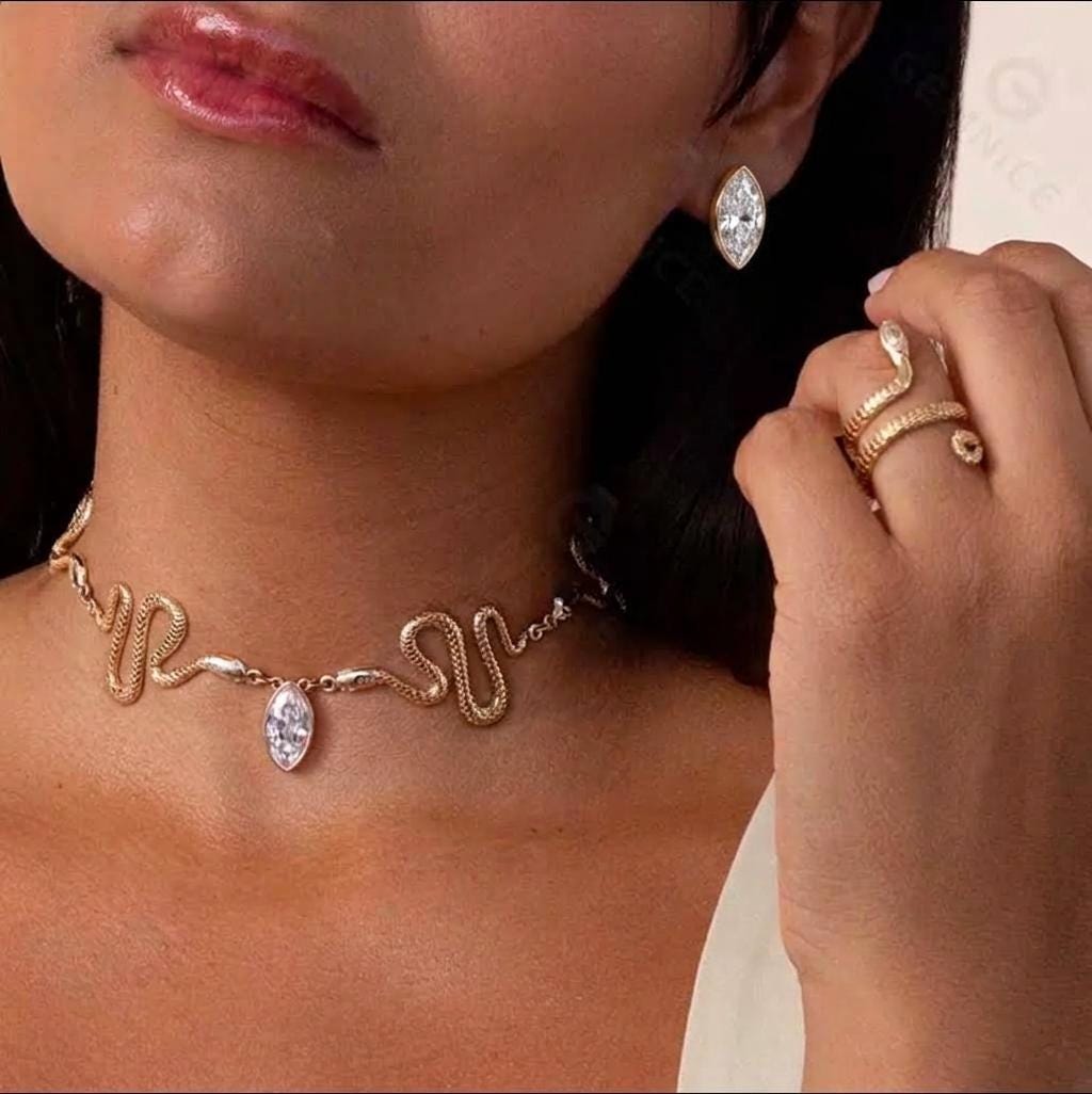Gold Snake Choker & Stud Earrings Set: Marquise Crystal Serpent Jewelry
