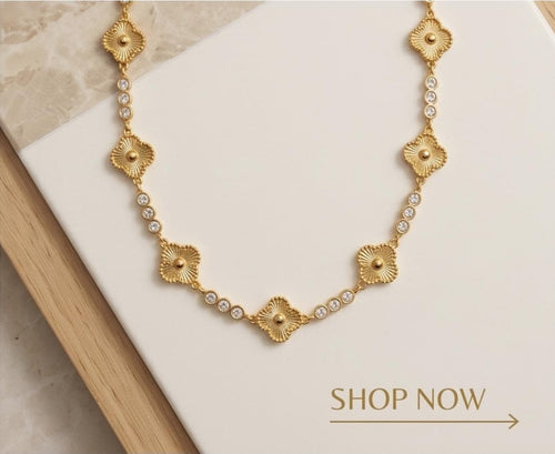 18k Gold Clover Tennis Necklace, Sunburst laser cut Flower CZ Crystal Choker