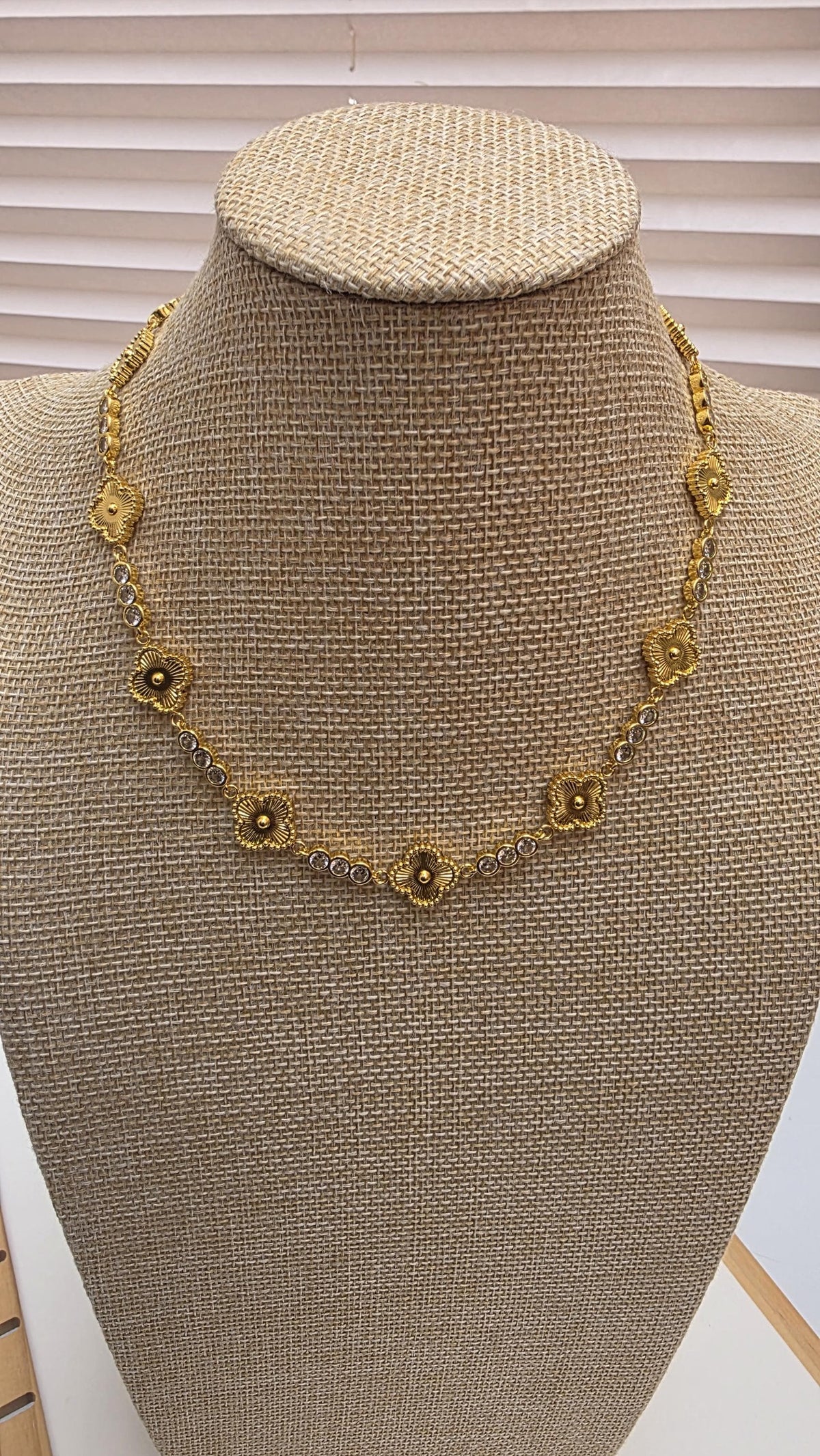 18k Gold Clover Tennis Necklace, Sunburst laser cut Flower CZ Crystal Choker