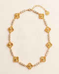 18k Gold Clover Tennis Necklace, Sunburst laser cut Flower CZ Crystal Choker