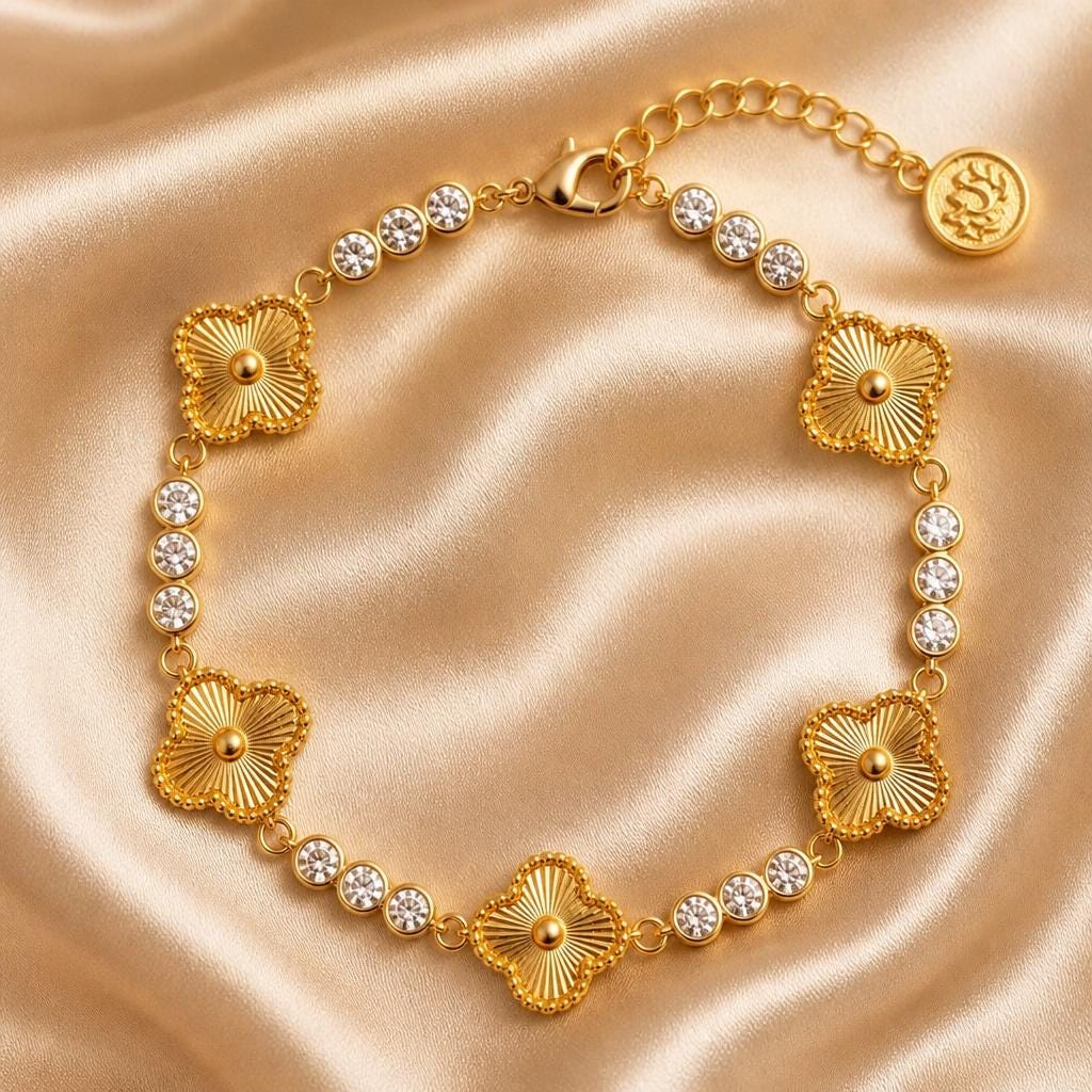 18K Gold Plated Laser-Cut Clover Bracelet with CZ Accents (Radiance Station)