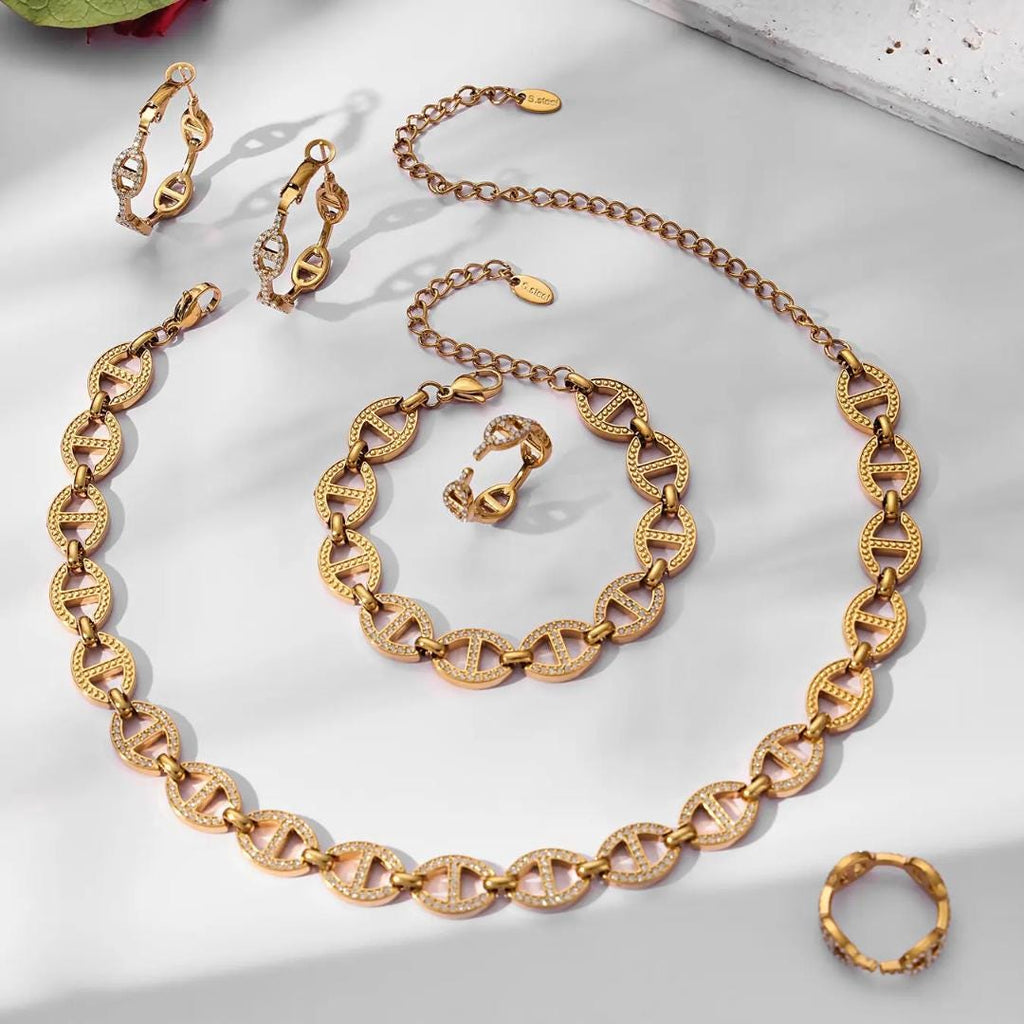 Gold Pavé Mariner Link Choker Necklace, 18k Gold Plated Brass, Adjustable Length