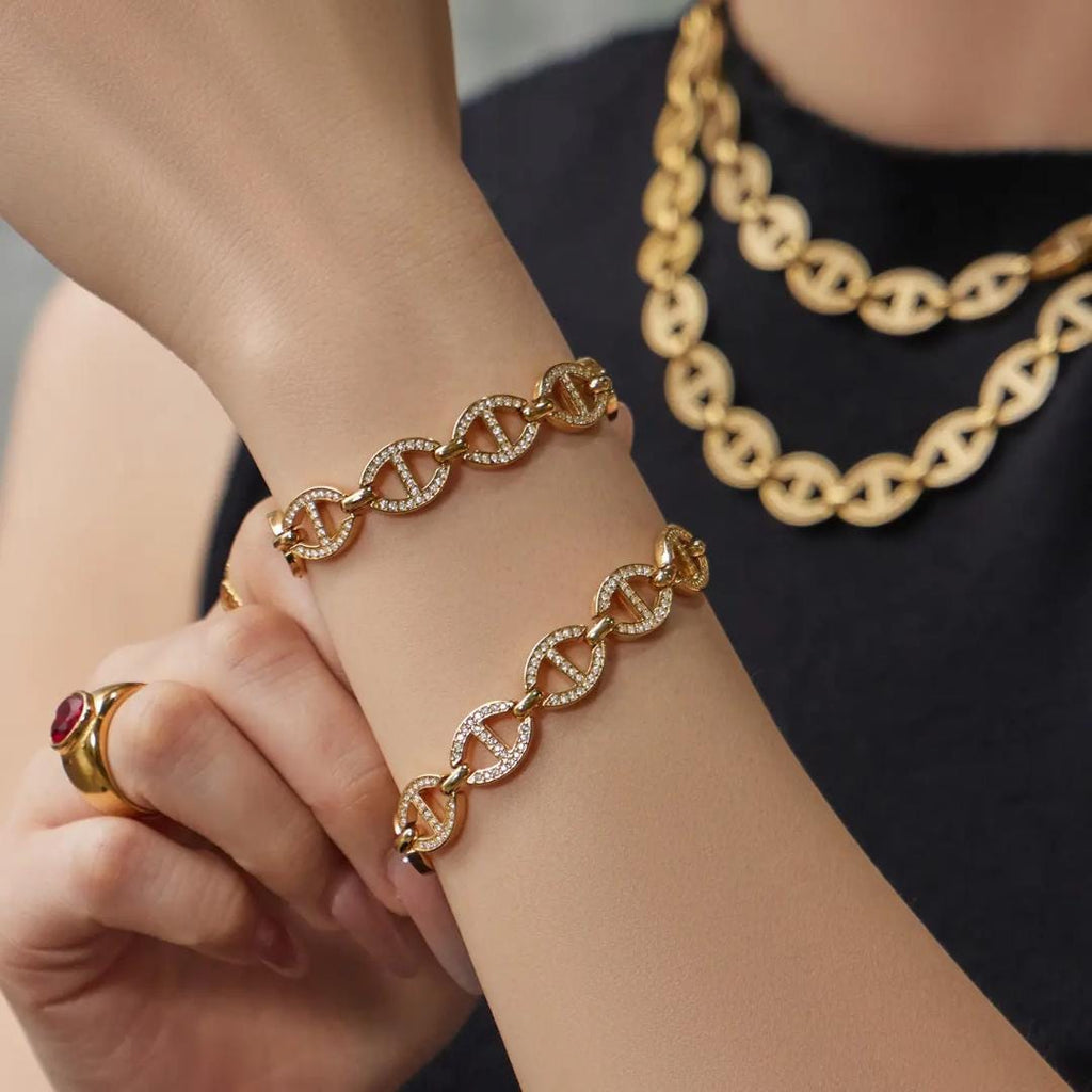 Gold Pavé Mariner Link Choker Necklace, 18k Gold Plated Brass, Adjustable Length