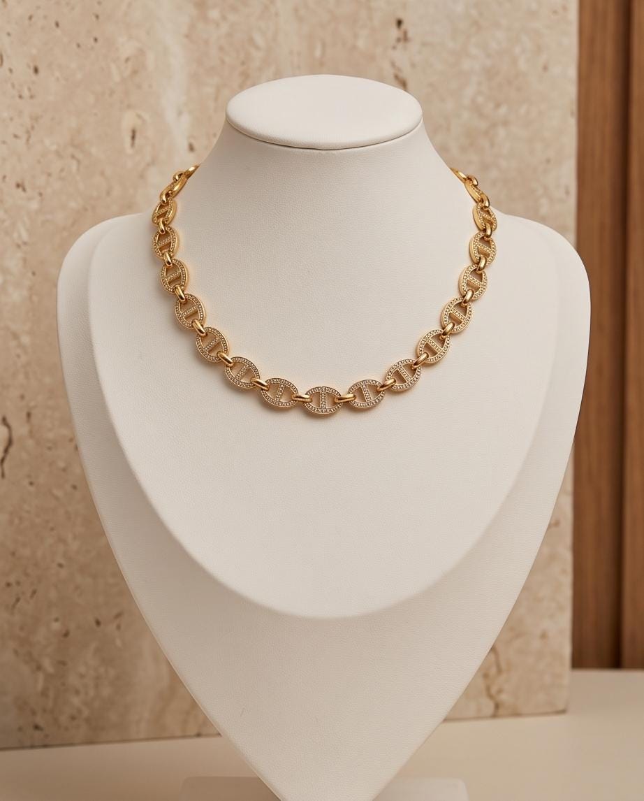 Gold Pavé Mariner Link Choker Necklace, 18k Gold Plated Brass, Adjustable Length