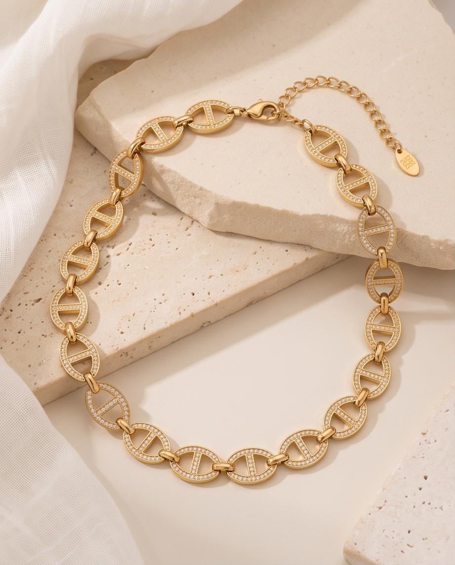 Gold Pavé Mariner Link Choker Necklace, 18k Gold Plated Brass, Adjustable Length