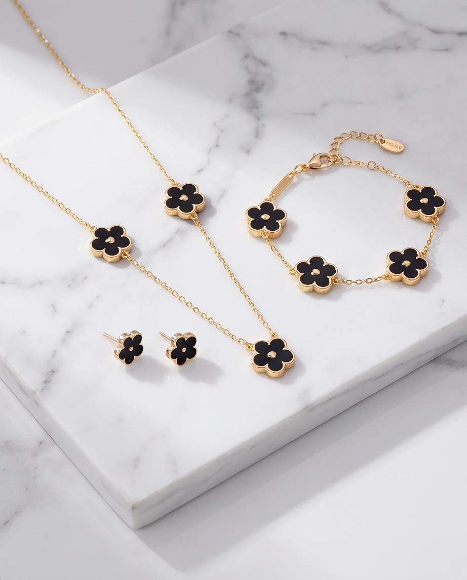 5-Motif Black Clover Jewelry Set | 18K Gold Plated, Minimalist Flower Choker, Bracelet, Ring, Earrings