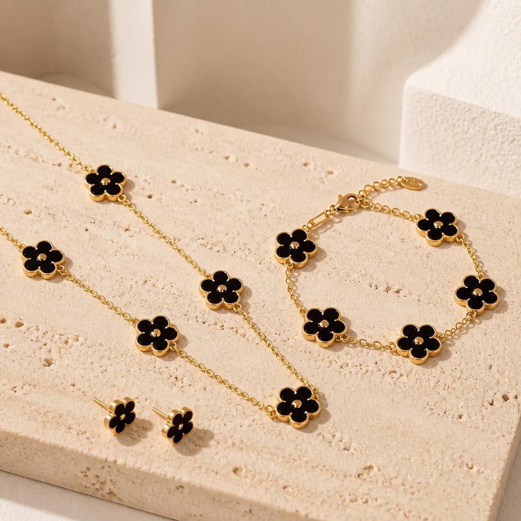 5-Motif Black Clover Jewelry Set | 18K Gold Plated, Minimalist Flower Choker, Bracelet, Ring, Earrings