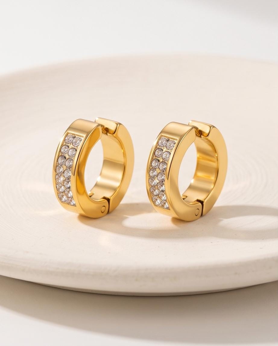 Gold Tone Pavé Crystal Huggie Hoop Ear Cuff Earrings Hinged Cartilage Pairs