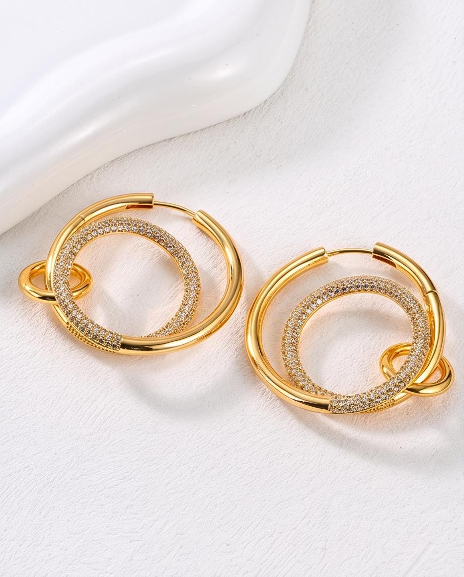 18K Gold Pavé Double Circle Hoop Earrings | Interlocking Geometric Huggies