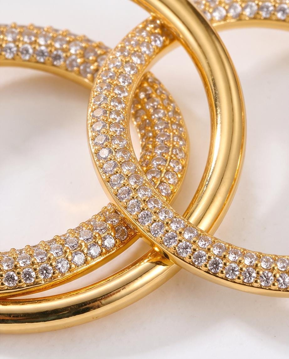 18K Gold Pavé Double Circle Hoop Earrings | Interlocking Geometric Huggies