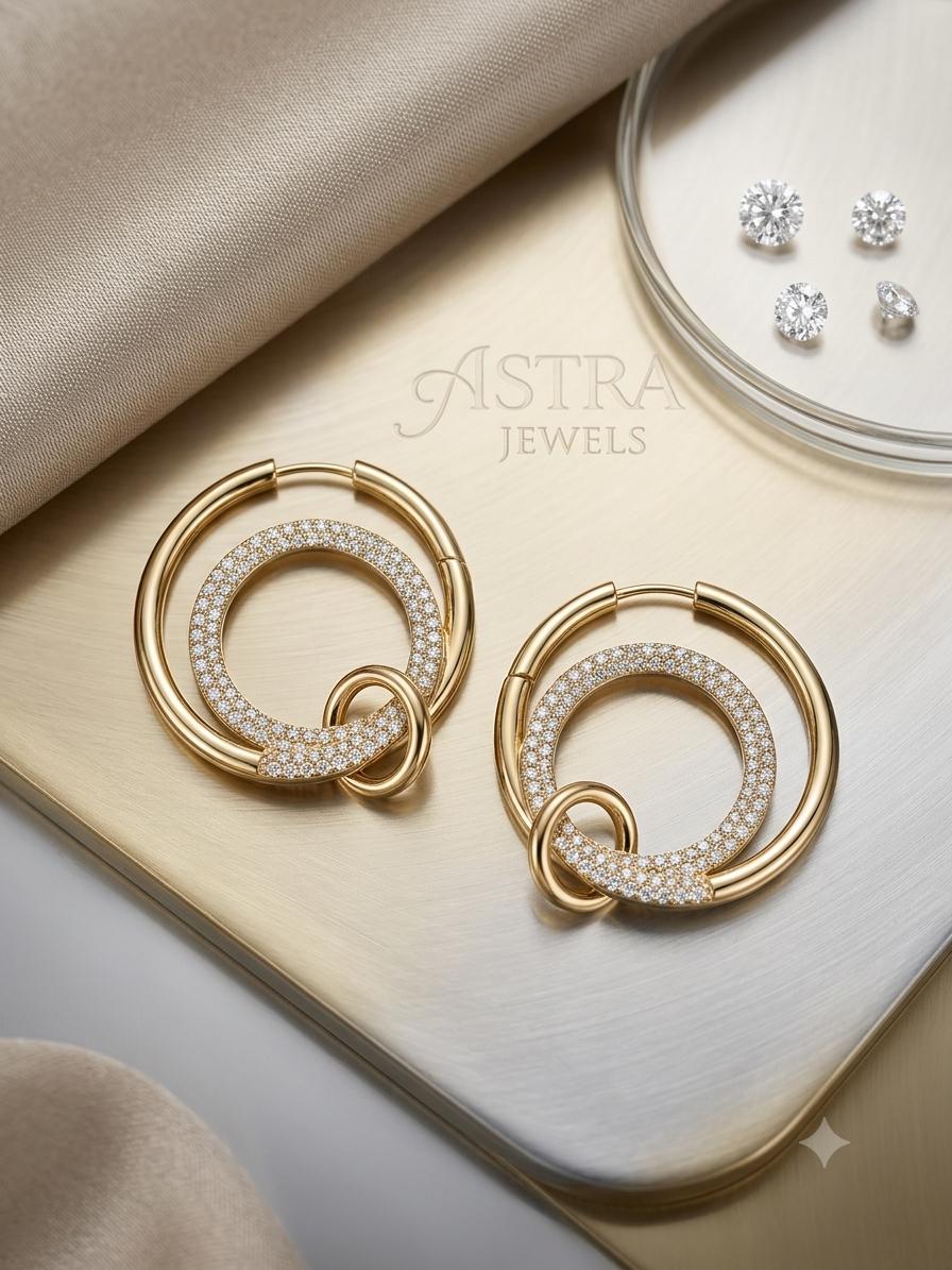 18K Gold Pavé Double Circle Hoop Earrings | Interlocking Geometric Huggies