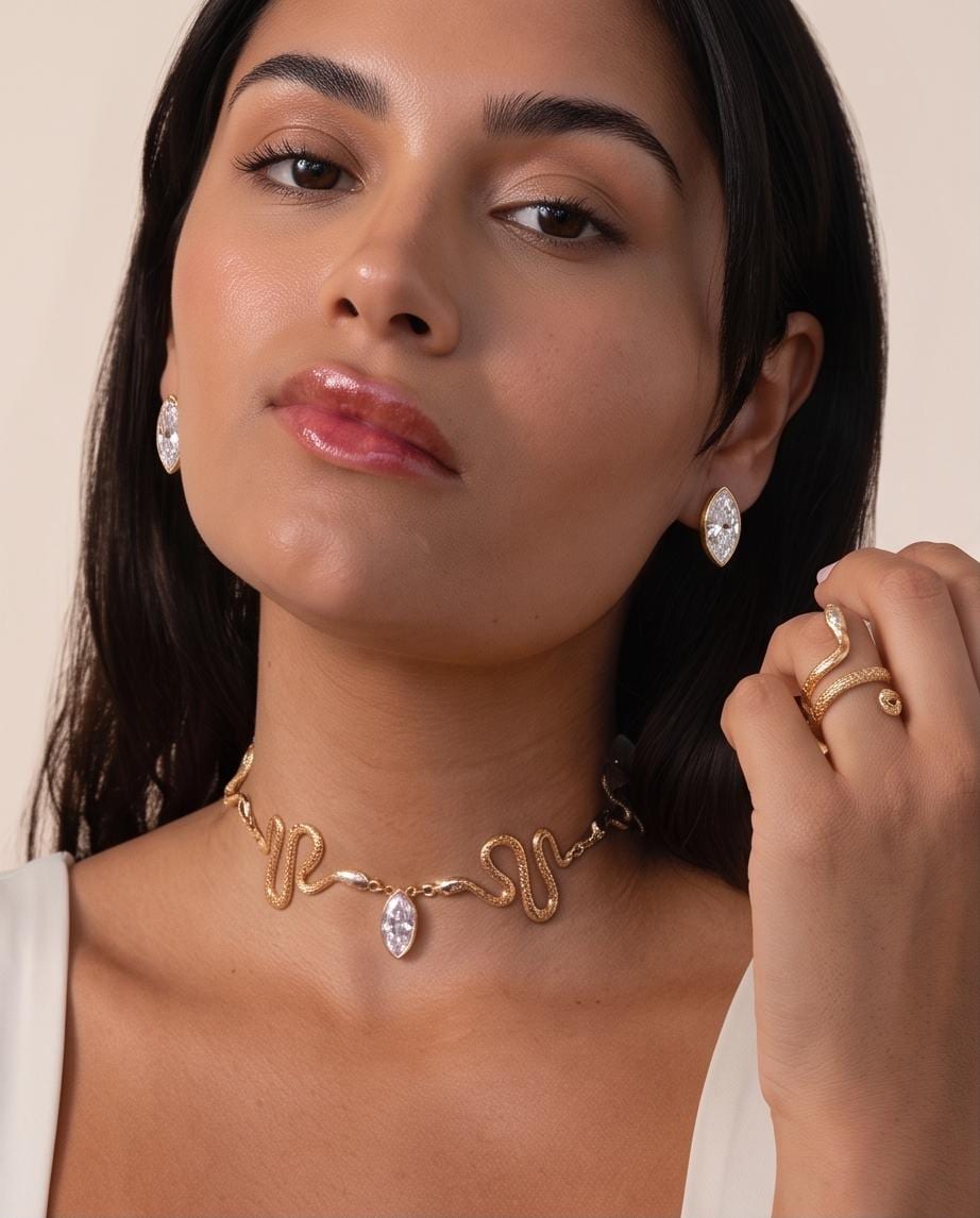 Gold Snake Choker & Stud Earrings Set: Marquise Crystal Serpent Jewelry