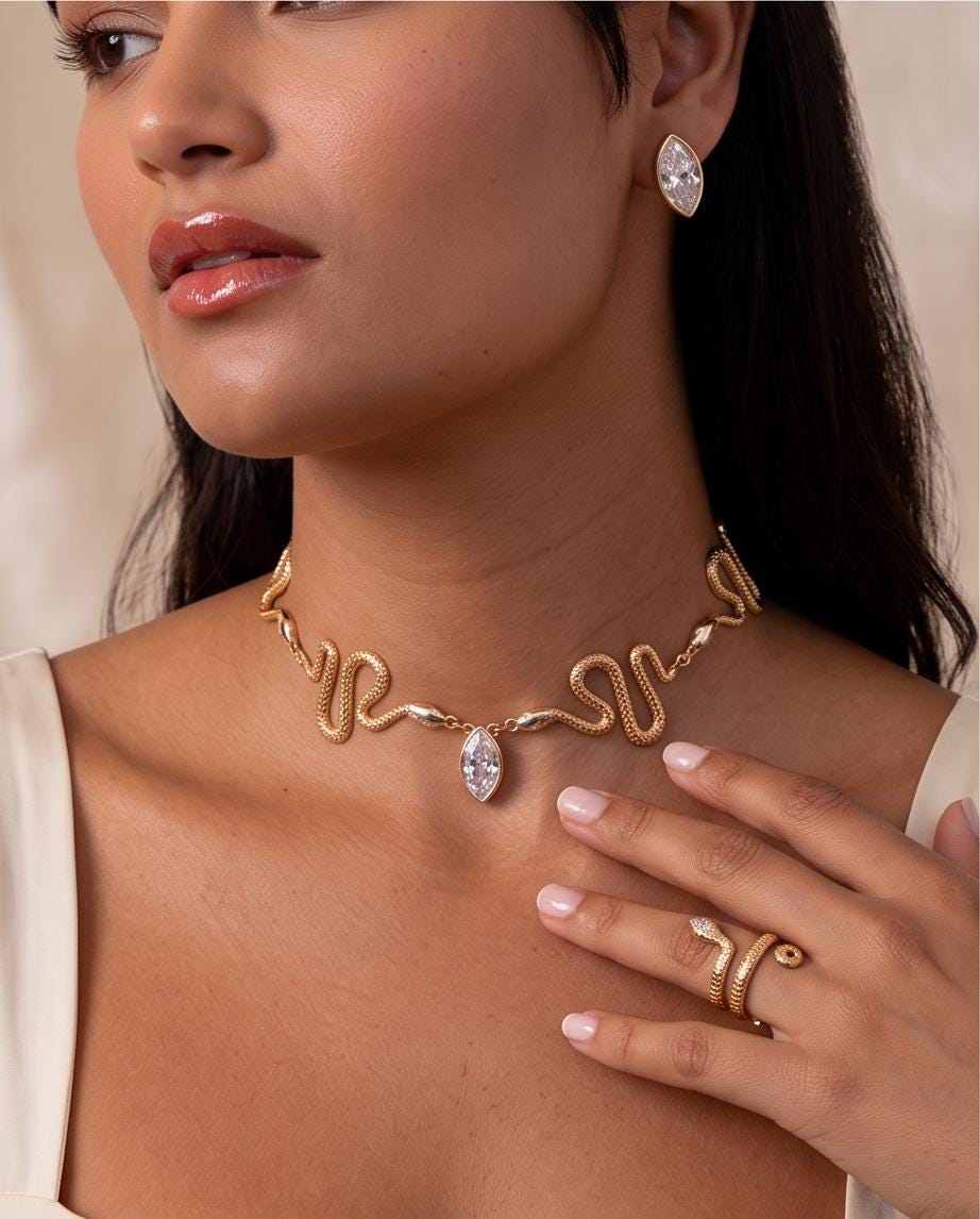 Gold Snake Choker & Stud Earrings Set: Marquise Crystal Serpent Jewelry