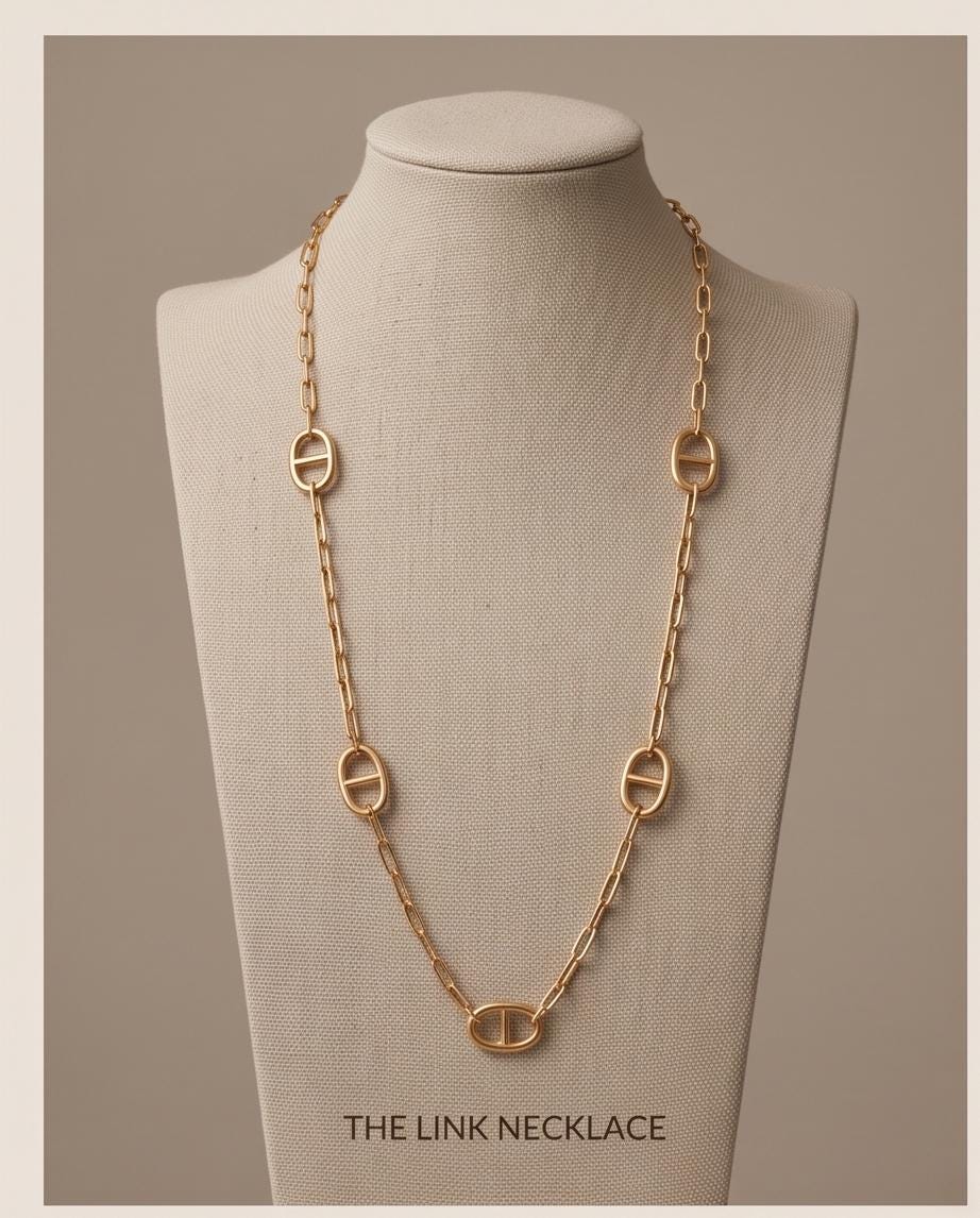 Elegant real 18k Gold plated oval motifs Vermeil Long Link Necklace