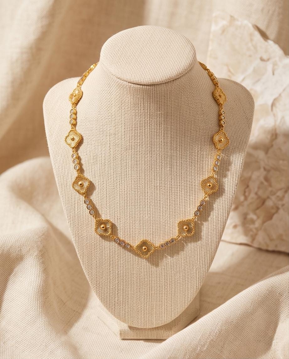 18k Gold Clover Tennis Necklace, Sunburst laser cut Flower CZ Crystal Choker