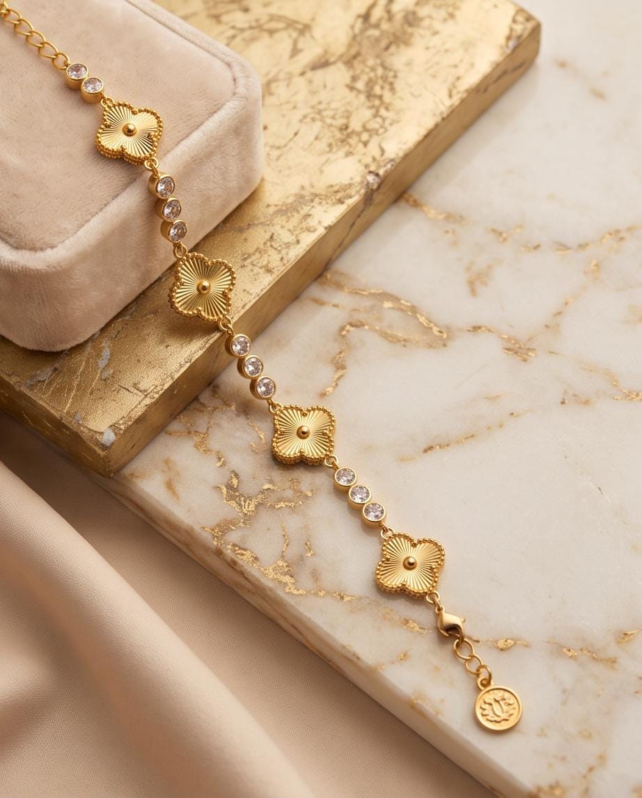 18K Gold Plated Laser-Cut Clover Bracelet with CZ Accents (Radiance Station)